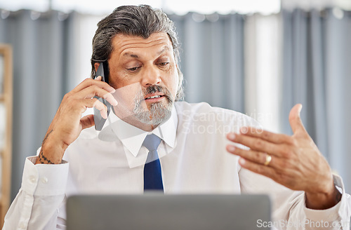 Image of Phone call, man and senior manager in discussion at law firm, consulting on legal advice and communication. Cellphone, smile and businessman, attorney or lawyer in advisory conversation at office.