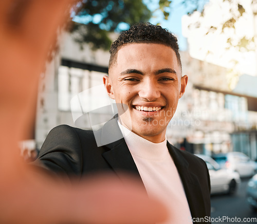 Image of Selfie, happy and portrait of business man in city for social media, profile picture and blog post. Travel, professional and face of male worker smile excited for career, job and success in street