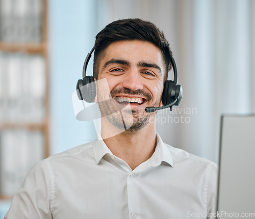 Image of Telemarketing, man and portrait of happy consultant for customer service, tech support and CRM communication. Face of salesman smile with microphone in call center, telecom advisory or FAQ questions