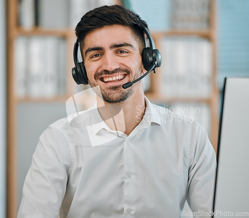 Image of Consultant, happy man and portrait of agent in call center for customer service, lead generation or CRM support. Face of salesman with microphone for telemarketing, telecom advisory or FAQ questions