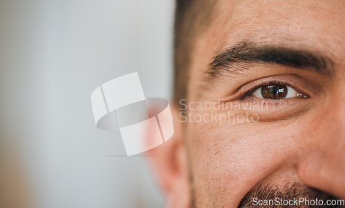 Image of Happy, eyes and half portrait of man in office for career goals, vision and professional company. Startup, business and face closeup of male worker with smile for advertising, mockup and copy space