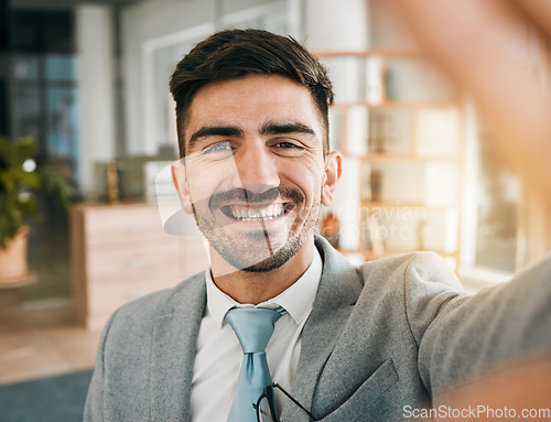 Image of Face of businessman, selfie and smile in modern office with confidence, pride and happiness for startup entrepreneur. Digital photography, portrait and happy man in professional mindset in workplace.