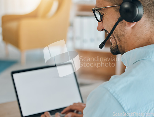 Image of Call center, man and mockup on laptop, screen and customer service consulting, communication or support from the back. Salesman, agent or computer space for telemarketing, web advisory or CRM contact