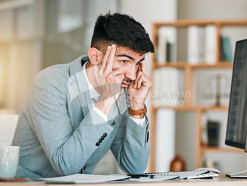 Image of Business man, headache and stress at office computer from auditor burnout at desk. Anxiety, 404 problem and tired corporate worker with tech and tax deadline and fatigue from brain fog at company