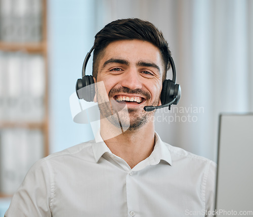 Image of Telemarketing, man and portrait of consultant smile for customer support, contact agent and CRM communication. Face of happy salesman with microphone in call center, telecom advisory or FAQ questions