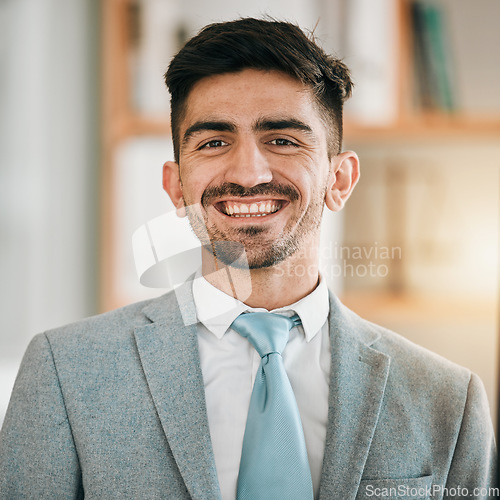 Image of Portrait of businessman, pride and smile in modern office with confidence, opportunity and happiness for startup entrepreneur. Work, business and face of happy man in professional workplace in Canada