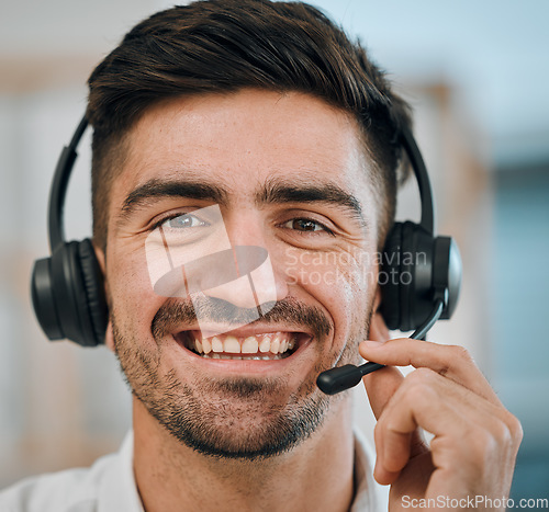 Image of Telemarketing, face and portrait of man, agent or call center for customer service, lead generation or CRM support. Happy salesman, consultant or microphone of telecom help, advisory or FAQ questions