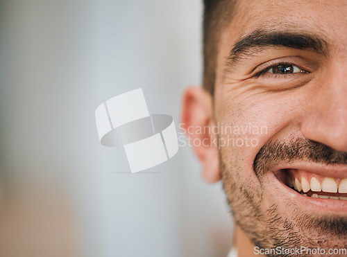 Image of Happy, face and half portrait of man in office for career goals, success and professional company. Startup, smile and closeup of male worker with happiness for advertising, mockup and copy space