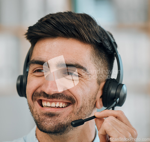 Image of Telemarketing, consulting and face of man in call center for customer service, lead generation or CRM offer. Happy salesman, consultant or contact on microphone for telecom, advisory or FAQ questions