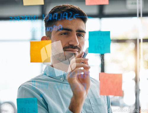 Image of Business man brainstorming on glass, planning schedule and timeline of sticky note ideas. Face, focus and male worker at window for mindmap, project objectives or calendar of agenda, goals or process