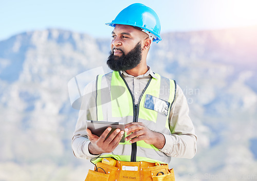 Image of Black man, architect and thinking with tablet in city for construction planning, vision or rooftop installation. African male person, engineer or contractor with technology in wonder for architecture