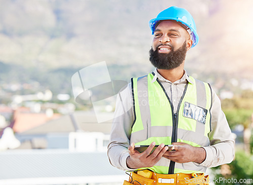 Image of Happy black man, architect and tablet in city for construction, vision or rooftop installation. African male person, engineer or contractor smile on technology in architecture or project plan on site
