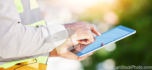 Image of Man, architect and hands on tablet in city for communication, planning or networking on site. Closeup of male person, engineer or contractor working on technology for project plan in construction