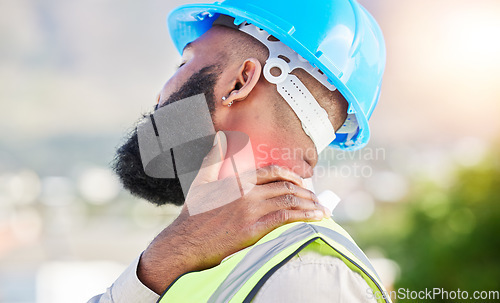 Image of Black man, architect and hands with neck pain in city from injury, accident or muscle tension on rooftop. Closeup of male person with sore bone, ache or joint inflammation during construction on site