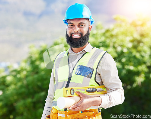 Image of Construction worker, man portrait and architect inspection with industrial employee with tools. African male person, professional and builder with success and safety job for engineer project outdoor