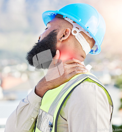 Image of Black man, architect and neck pain in city from injury, accident or muscle tension on rooftop. Frustrated African male person with sore bone, ache or joint inflammation during construction on site