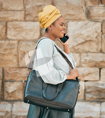 Image of Phone call, walking in city and business black woman for contact, network and connection in town. Travel, corporate and African female person on smartphone for talking, conversation and communication