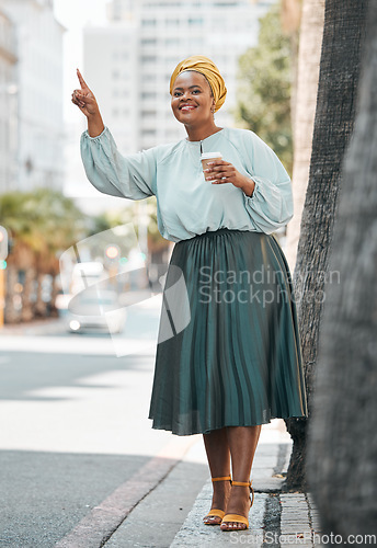 Image of Travel smile, city and black woman stop, point or hail taxi, cab or metro bus for transport ride, morning journey or lift. Outdoor, street sidewalk and waiting African person gesture at car vehicle