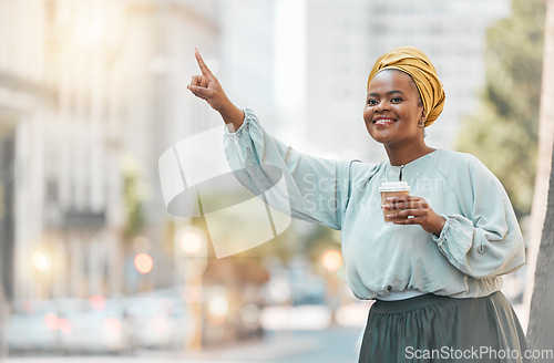 Image of Travel, city and happy black woman try to stop taxi, cab or metro bus for transport, morning journey or ride. Smile, road transportation service and African person gesture at car for urban commute