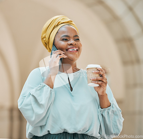 Image of Phone call, city and business black woman with coffee for contact, network and connection in town. Travel, corporate worker and female person on smartphone for talking, conversation and communication
