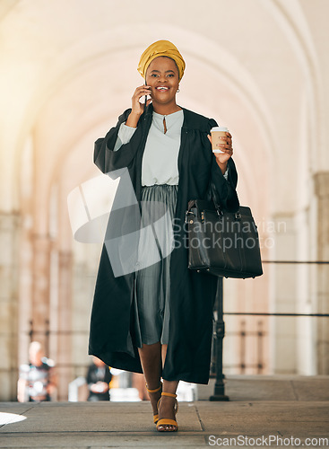 Image of Woman with coffee, phone call and lawyer outside court with smile, consulting on legal advice and walking to work. Cellphone, law firm attorney or happy judge networking, talking and chat in city.