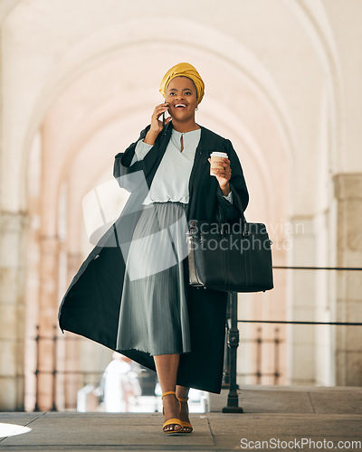 Image of Black woman with coffee, phone call and lawyer outside court with smile, consulting on legal advice and walk to work. Cellphone, law firm attorney or happy judge networking, talking and chat in city.