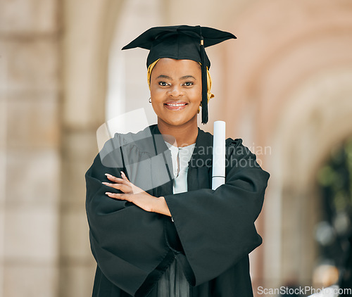 Image of College, achievement and portrait of woman at graduation with degree, diploma or certificate scroll. Success, education and young African female university graduate with crossed arms for confidence.