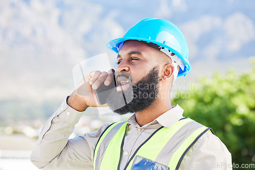 Image of Black man, architect and phone call for construction discussion, ideas or communication in the city. African male person, engineer or contractor talking on mobile smartphone for conversation on site