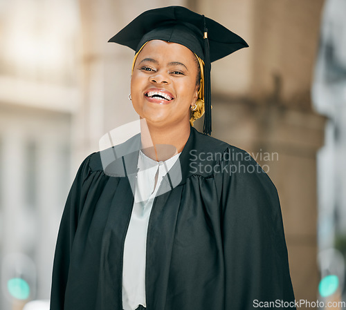 Image of University graduate, portrait and happy black woman with school success, college education achievement or happiness. Campus study, goals accomplishment and African student smile for learning degree