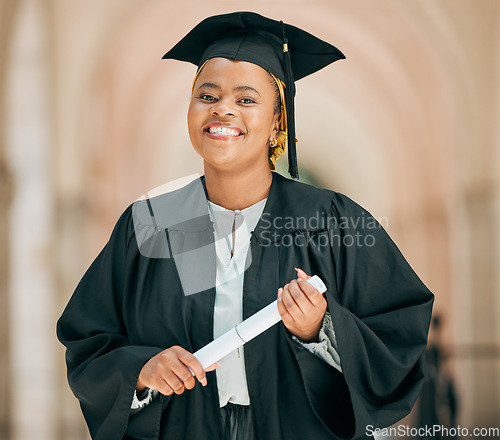 Image of Smile, college and portrait of woman at graduation with degree, diploma or certificate scroll. Success, happy and young African female university graduate with crossed arms for confidence on campus.