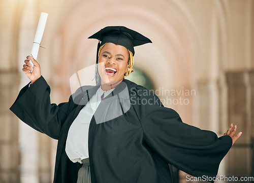 Image of University student, graduation diploma and black woman celebrate school success, college education or award certificate. Achievement cheers, portrait and African person excited for learning growth