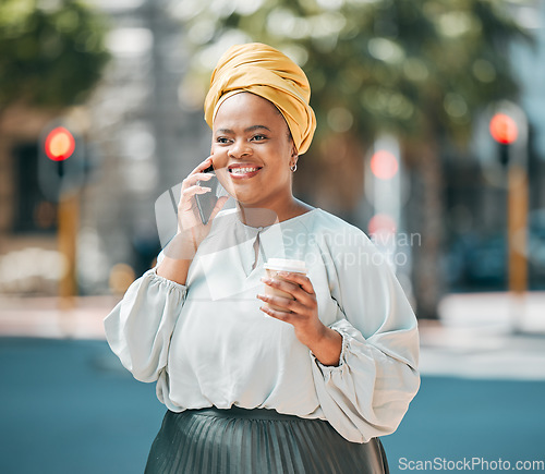 Image of Phone call, city and business African woman for contact, networking and connection in urban town. Travel, corporate worker and female person on smartphone for talking, conversation and communication