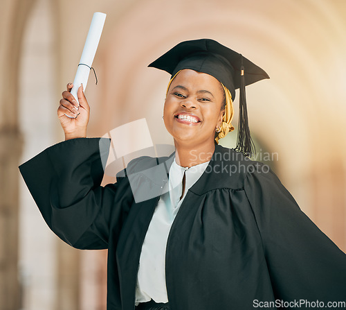 Image of College student, graduation certificate or black woman excited, smile or celebrate school, university education or diploma. Milestone, congratulations or African portrait person with learning success