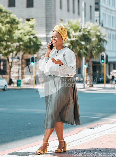 Image of Phone call, talking and business black woman in city for contact, network and connection in town. Travel, corporate and female person on smartphone for discussion, conversation and communication