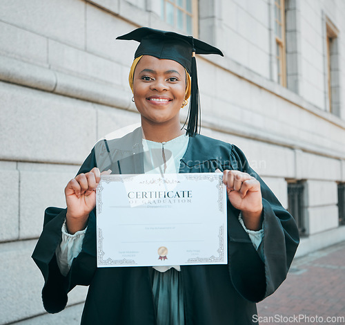 Image of University graduation, certificate and portrait of black woman with school success, college education or award. City, diploma and African student smile for learning milestone, goals or achievement