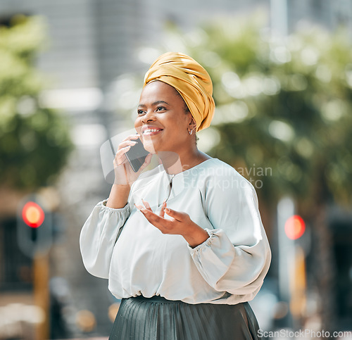 Image of Phone call, African and business woman in city for contact, network and connection in urban town. Travel, corporate worker and female person on smartphone for talking, conversation and communication