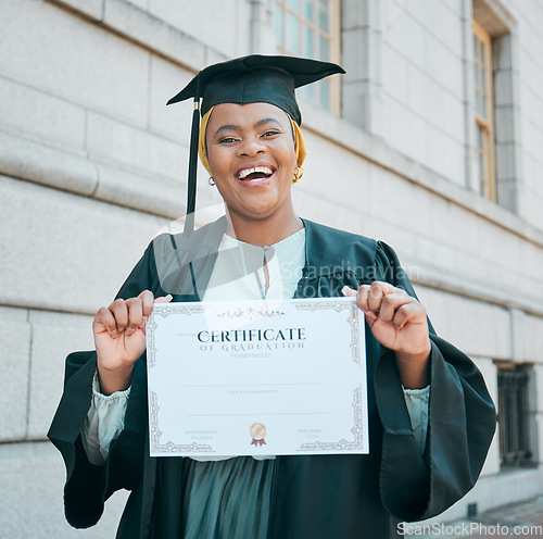 Image of University student, graduation certificate or portrait of black woman excited for school success, college education or degree. Pride, diploma or African student smile for learning achievement in city