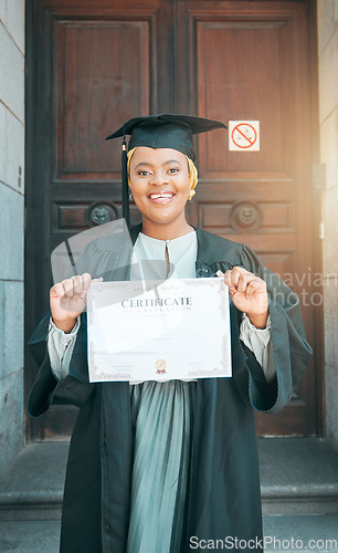 Image of College student portrait, graduate certificate and black woman happiness for education milestone, career growth or degree. City, university diploma and African person happy for learning achievement