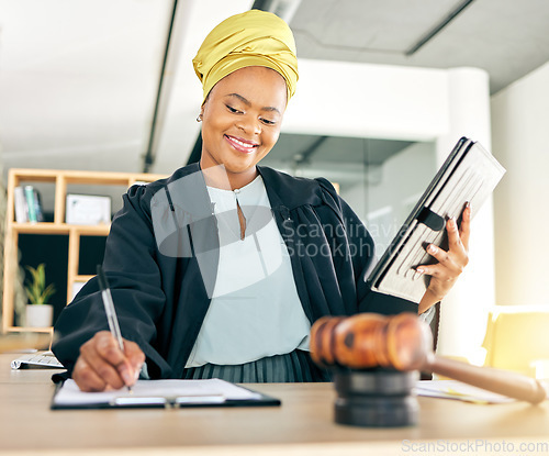 Image of Lawyer, hammer and woman on tablet writing legal notes, checklist and compliance documents, justice or contract. Attorney, notary and person on digital tech, constitution and rules or judge research