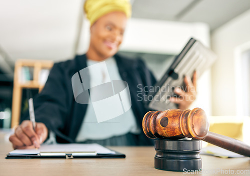 Image of Judge, hammer and woman on tablet writing legal notes, checklist and compliance documents, justice or contract. Attorney, notary and lawyer person on digital tech, constitution and rules or research
