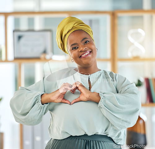 Image of Black woman, business and heart hands, smile in portrait and professional mindset with emoji and love career. Female lawyer, hand gesture and care, vote and health, feedback and support in workplace