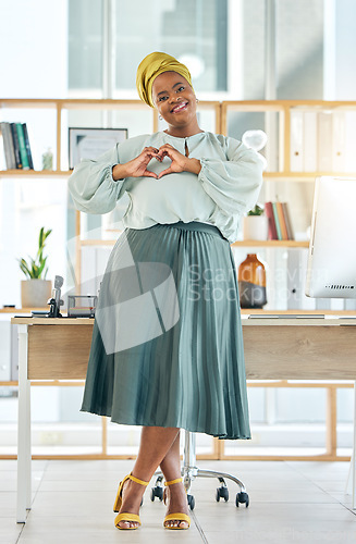 Image of Black woman, corporate and heart hands, happy in portrait and professional mindset with emoji and love career. Female person, hand gesture and care, vote and health, feedback and support in workplace