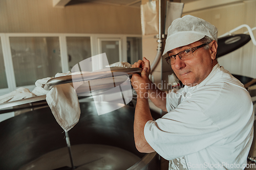 Image of Man mixing milk in the stainless tank during the fermentation process at the cheese manufacturing