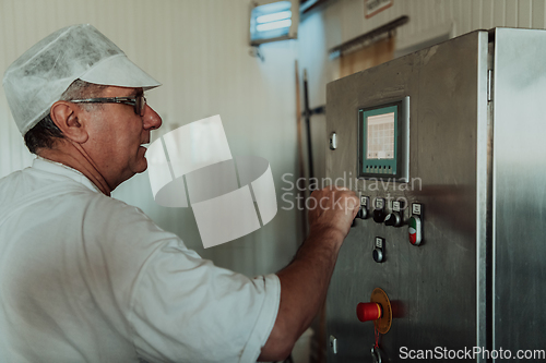 Image of Cheese maker working in the modern industry on machines that are using for the machining of fresh cheese