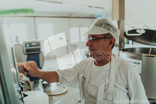 Image of Cheese maker working in the modern industry on machines that are using for the machining of fresh cheese