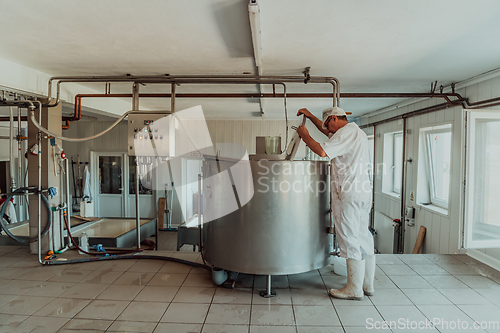 Image of Man mixing milk in the stainless tank during the fermentation process at the cheese manufacturing