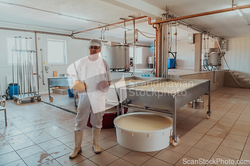 Image of A cheese makser working in the industry on various machines with the help of which cheese is processed. Small business concept
