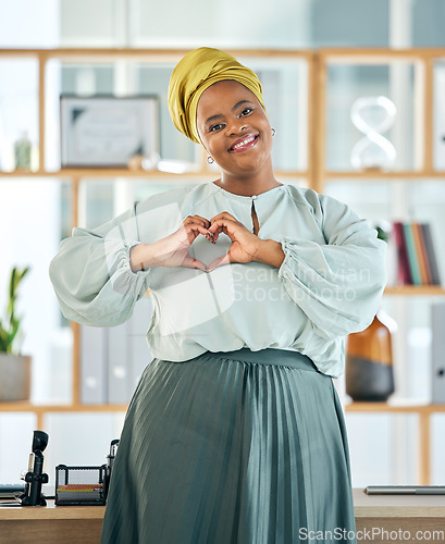 Image of Black woman, corporate and heart hands, smile in portrait and professional mindset with emoji and love career. Female lawyer, hand gesture and care, vote and health, feedback and support in workplace