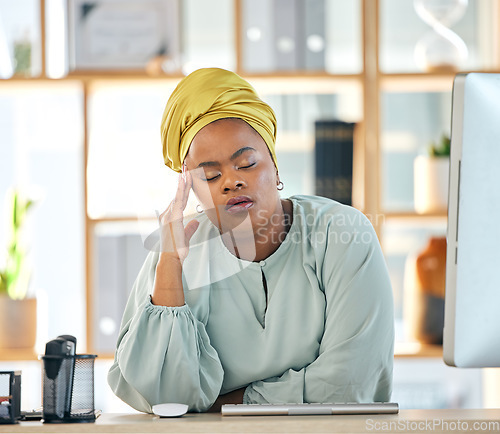 Image of Black woman, burnout and headache with work fatigue and stress, health problem and crisis with overworked employee. African female person, migraine and brain fog, tired with fail and overwhelmed