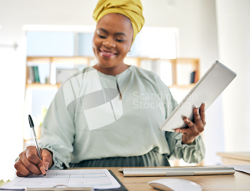 Image of Tablet, checklist and business woman for writing information, administration or online management in office. Professional, african person with documents, paperwork or digital tech of project schedule